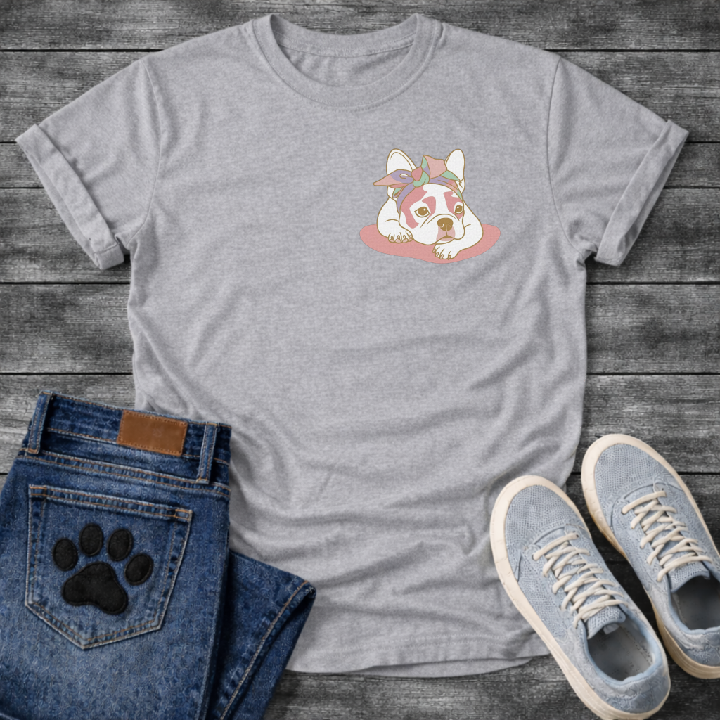 French Bulldog puppy lying down with pastel bandana bow line art pocket graphic tee