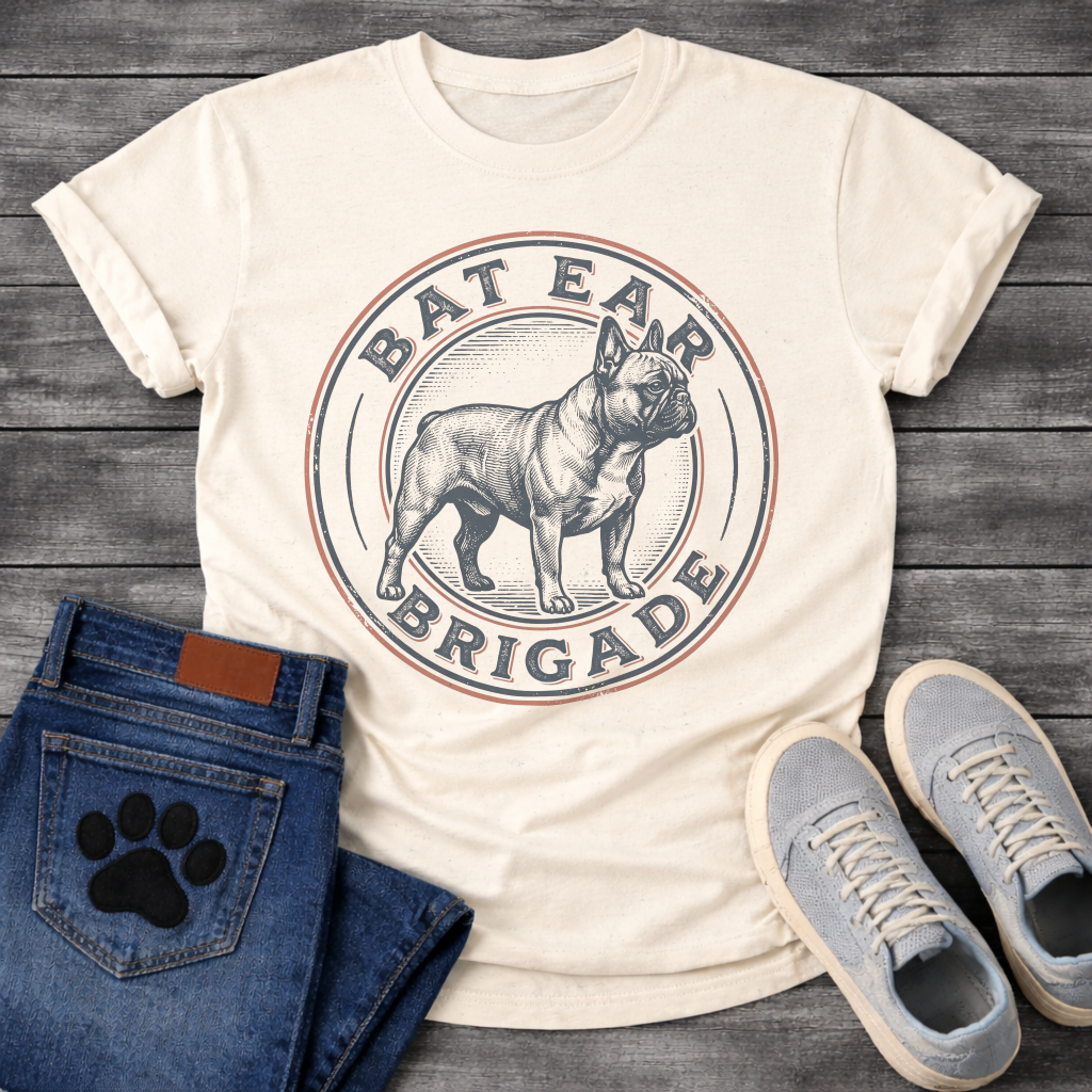 French Bulldog t-shirt with vintage stamp style circular badge, detailed engraving illustration of a Frenchie standing full body, arched text reading Bat Ear Brigade in distressed terracotta and navy, worn vintage texture throughout, no background