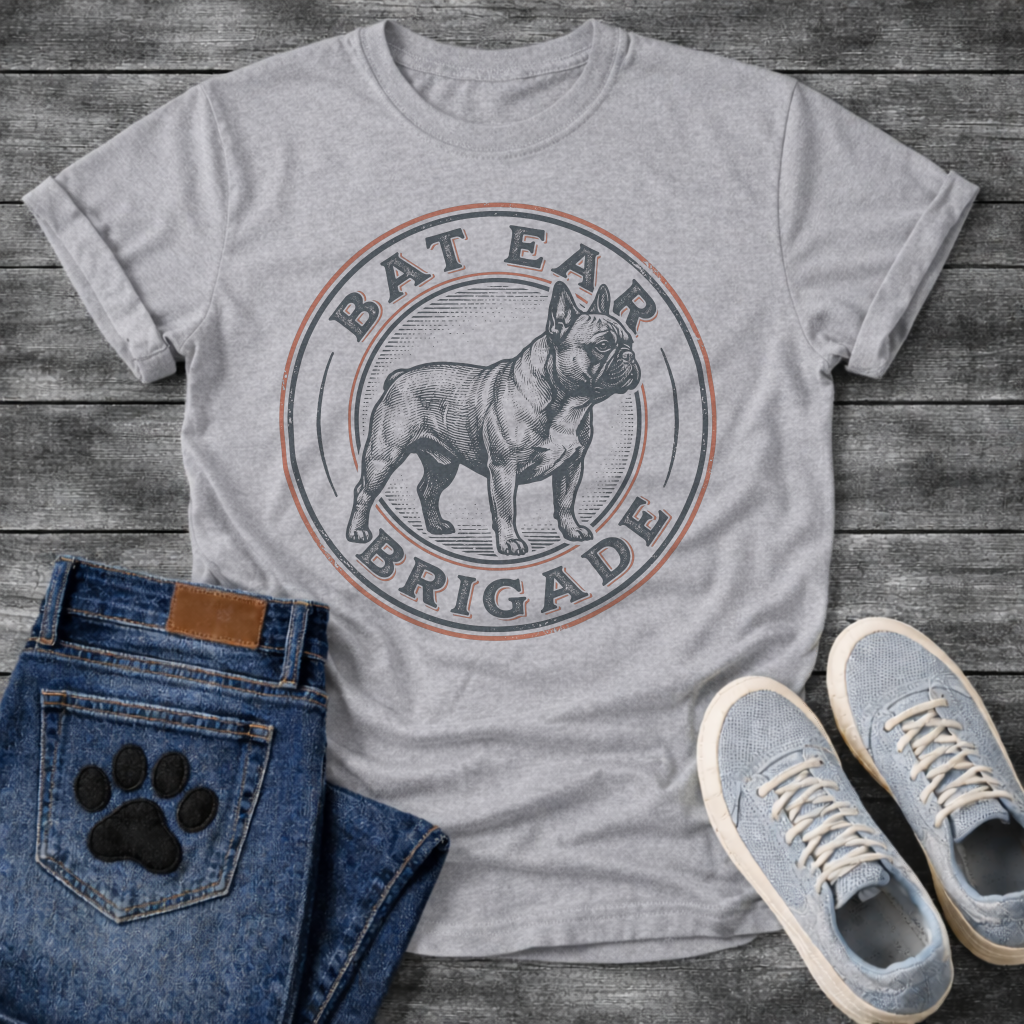 French Bulldog t-shirt with vintage stamp style circular badge, detailed engraving illustration of a Frenchie standing full body, arched text reading Bat Ear Brigade in distressed terracotta and navy, worn vintage texture throughout, no background