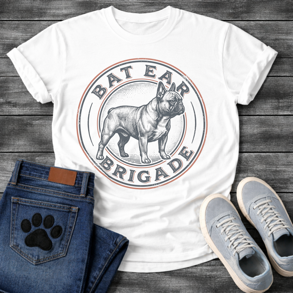 French Bulldog t-shirt with vintage stamp style circular badge, detailed engraving illustration of a Frenchie standing full body, arched text reading Bat Ear Brigade in distressed terracotta and navy, worn vintage texture throughout, no background