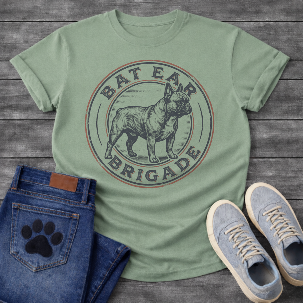 French Bulldog t-shirt with vintage stamp style circular badge, detailed engraving illustration of a Frenchie standing full body, arched text reading Bat Ear Brigade in distressed terracotta and navy, worn vintage texture throughout, no background
