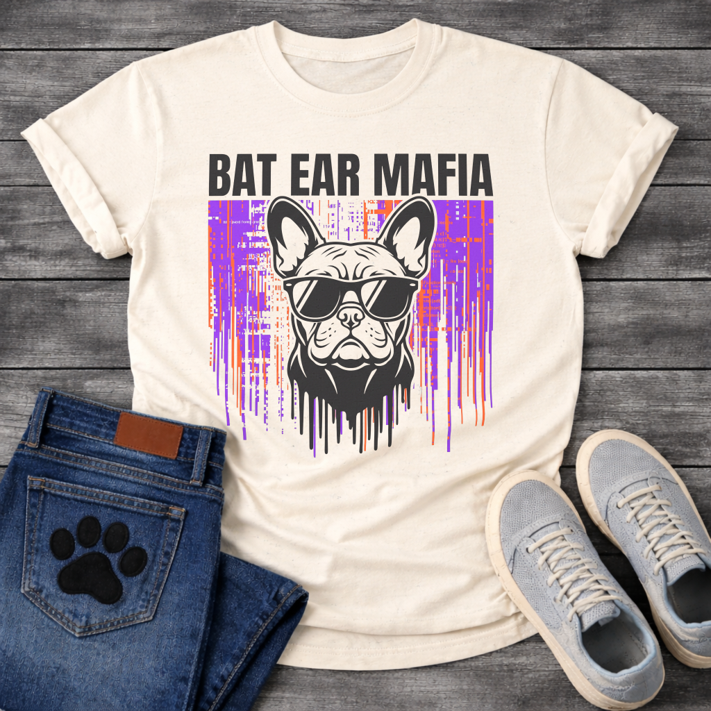 French Bulldog t-shirt with bold black block text reading Bat Ear Mafia above a Frenchie portrait wearing sunglasses, purple and orange glitch data drip background, black ink dripping below, high impact streetwear graphic
