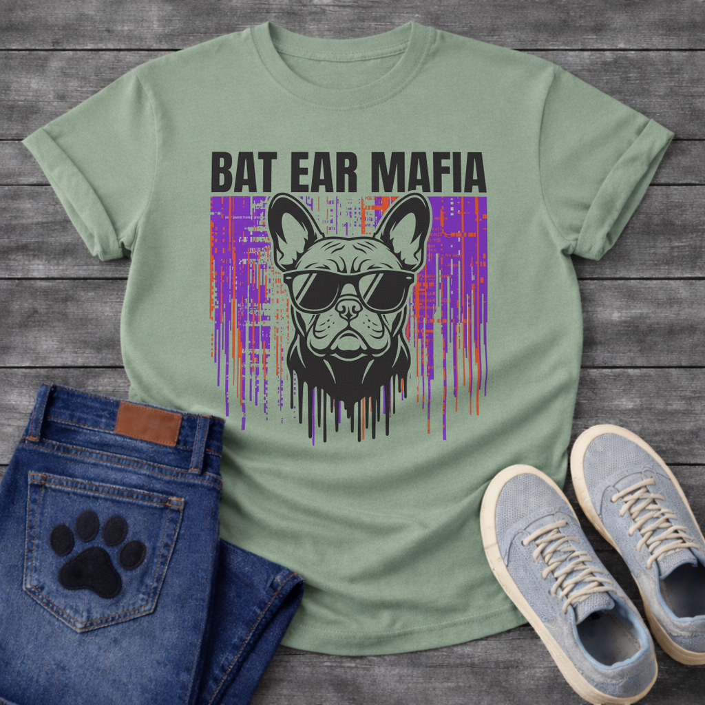 French Bulldog t-shirt with bold black block text reading Bat Ear Mafia above a Frenchie portrait wearing sunglasses, purple and orange glitch data drip background, black ink dripping below, high impact streetwear graphic
