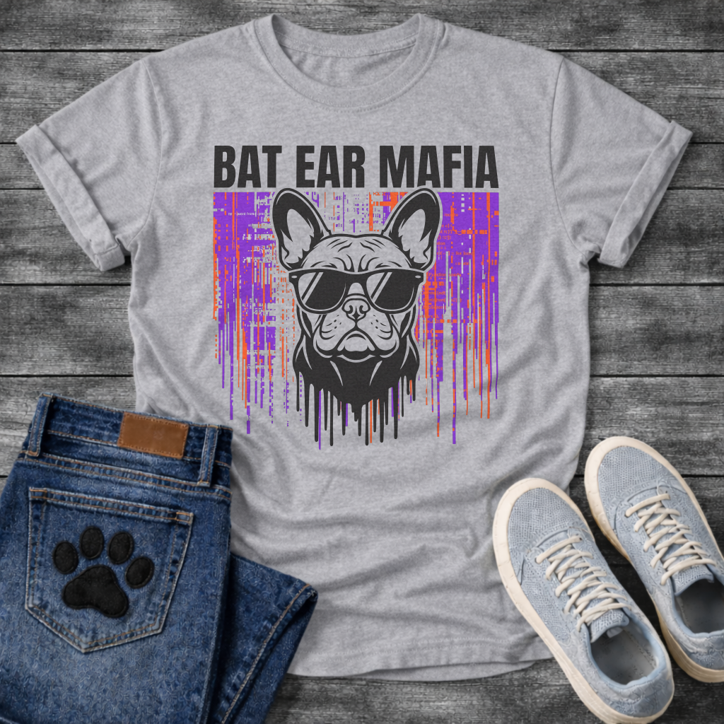 French Bulldog t-shirt with bold black block text reading Bat Ear Mafia above a Frenchie portrait wearing sunglasses, purple and orange glitch data drip background, black ink dripping below, high impact streetwear graphic

