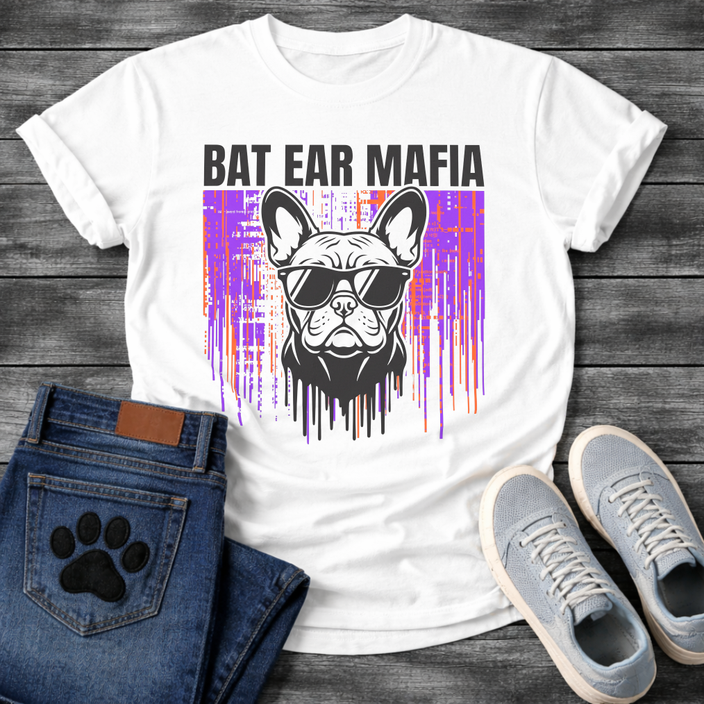 French Bulldog t-shirt with bold black block text reading Bat Ear Mafia above a Frenchie portrait wearing sunglasses, purple and orange glitch data drip background, black ink dripping below, high impact streetwear graphic
