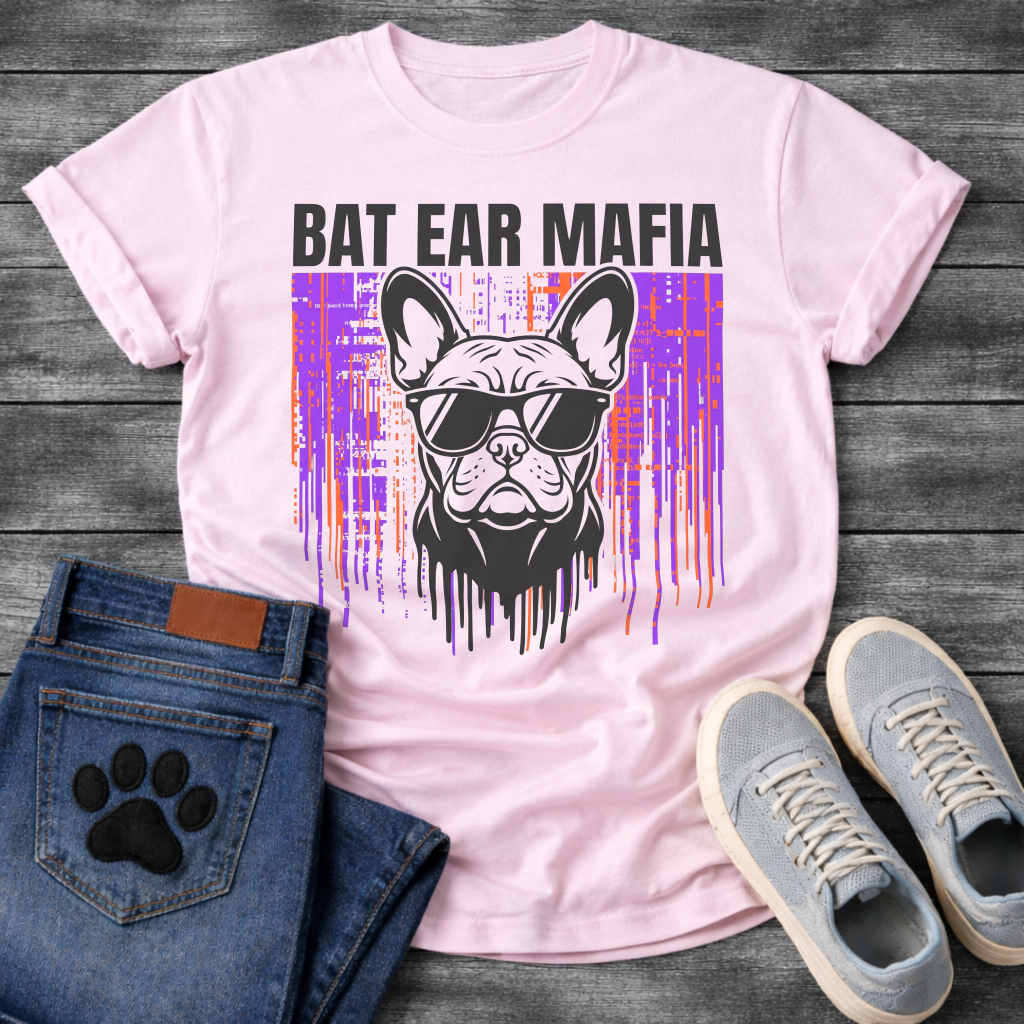 French Bulldog t-shirt with bold black block text reading Bat Ear Mafia above a Frenchie portrait wearing sunglasses, purple and orange glitch data drip background, black ink dripping below, high impact streetwear graphic
