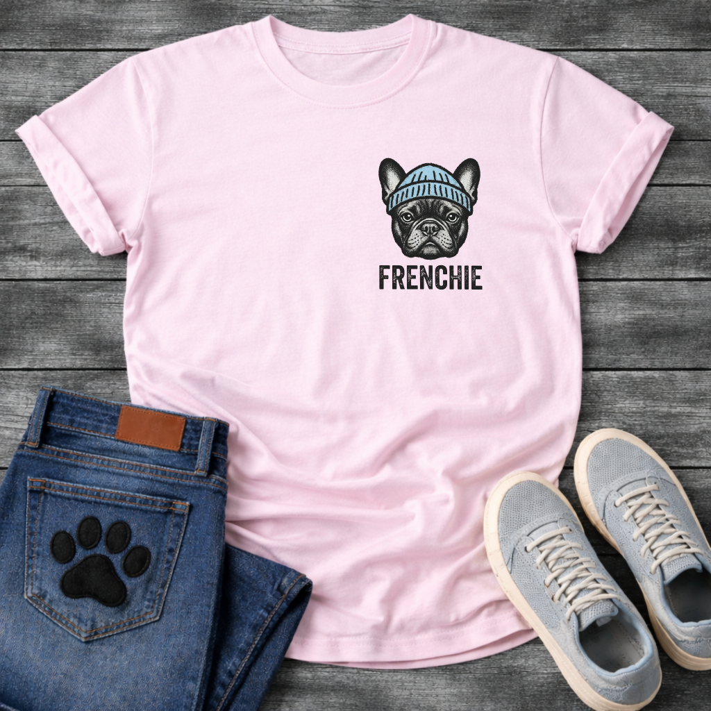French Bulldog portrait wearing a blue beanie with Frenchie bold typography pocket graphic tee