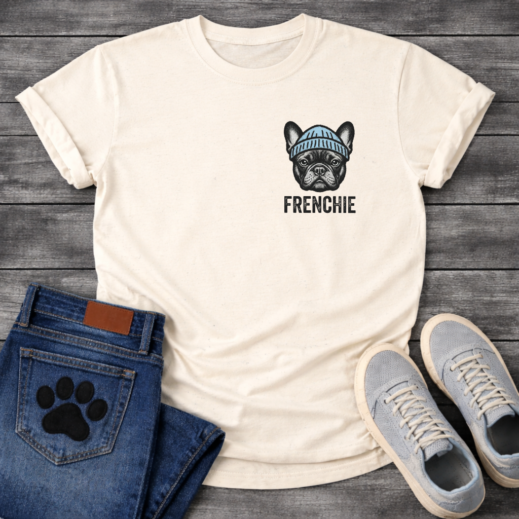 French Bulldog portrait wearing a blue beanie with Frenchie bold typography pocket graphic tee