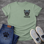 French Bulldog portrait wearing a blue beanie with Frenchie bold typography pocket graphic tee