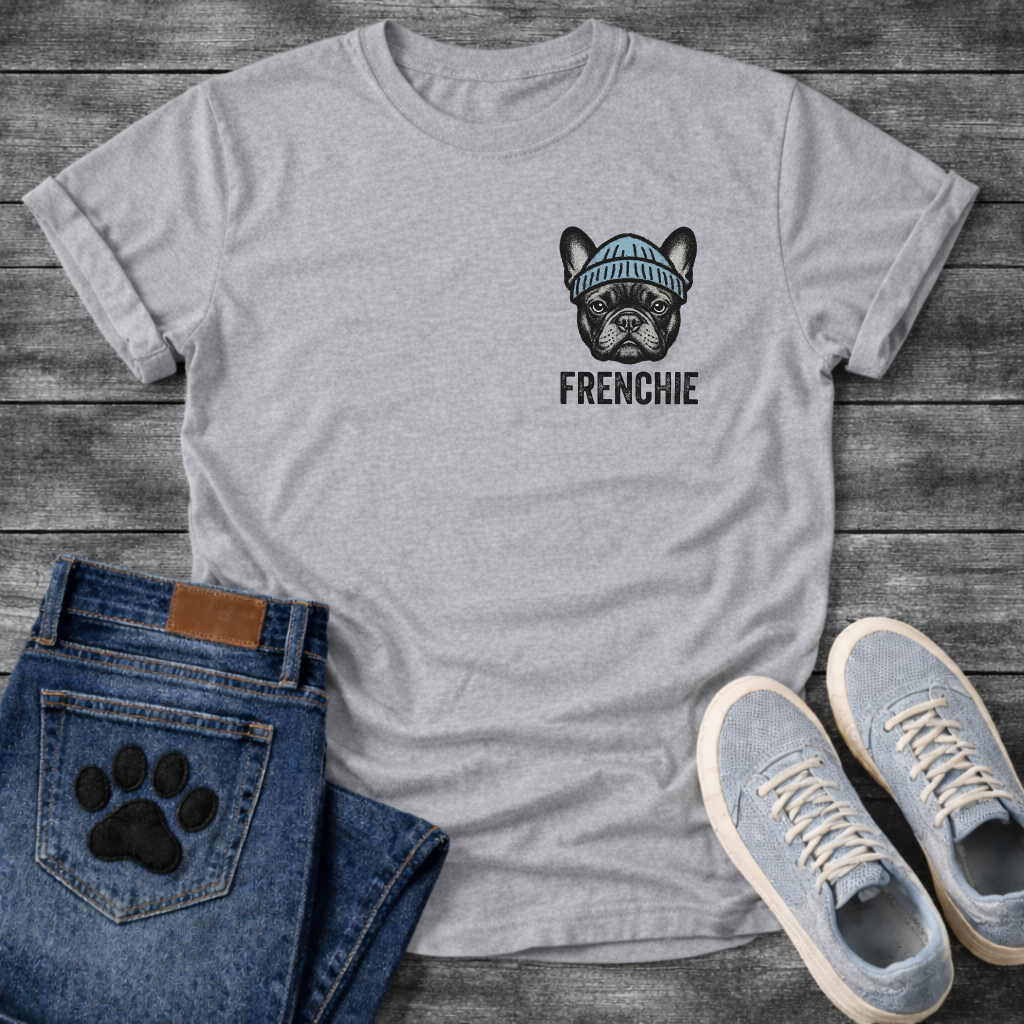 French Bulldog portrait wearing a blue beanie with Frenchie bold typography pocket graphic tee