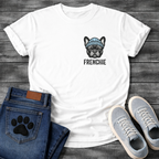 French Bulldog portrait wearing a blue beanie with Frenchie bold typography pocket graphic tee