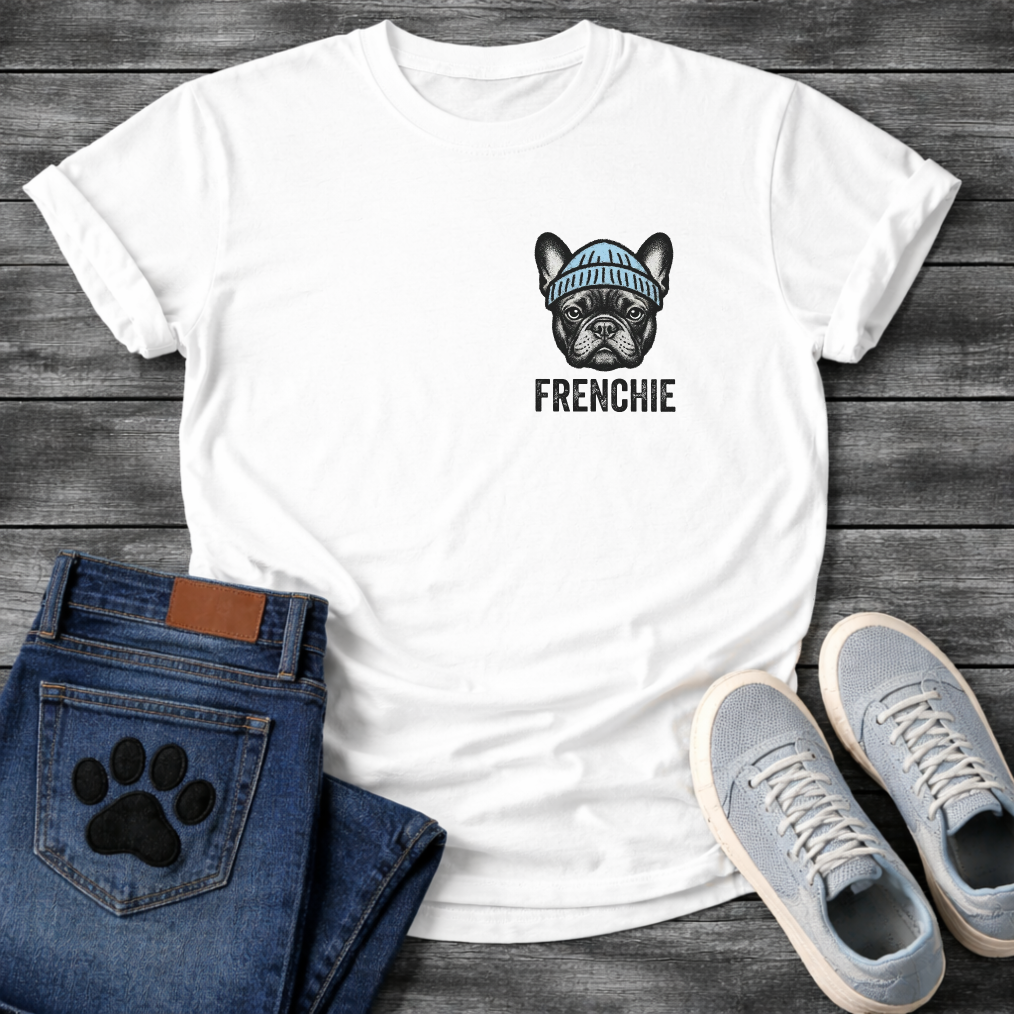 French Bulldog portrait wearing a blue beanie with Frenchie bold typography pocket graphic tee