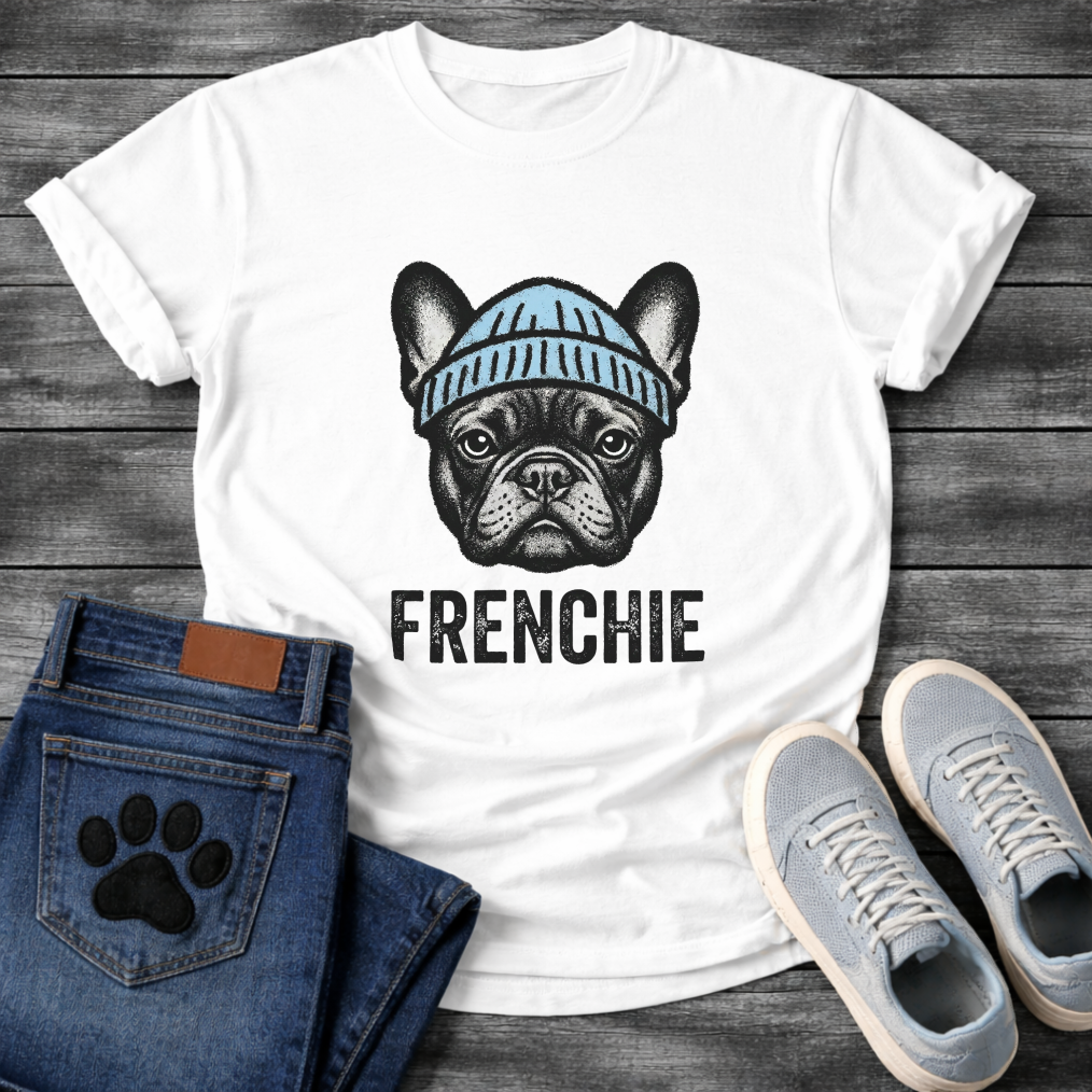 French Bulldog portrait wearing a blue beanie with Frenchie bold typography full front graphic tee


