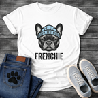 French Bulldog portrait wearing a blue beanie with Frenchie bold typography full front graphic tee

