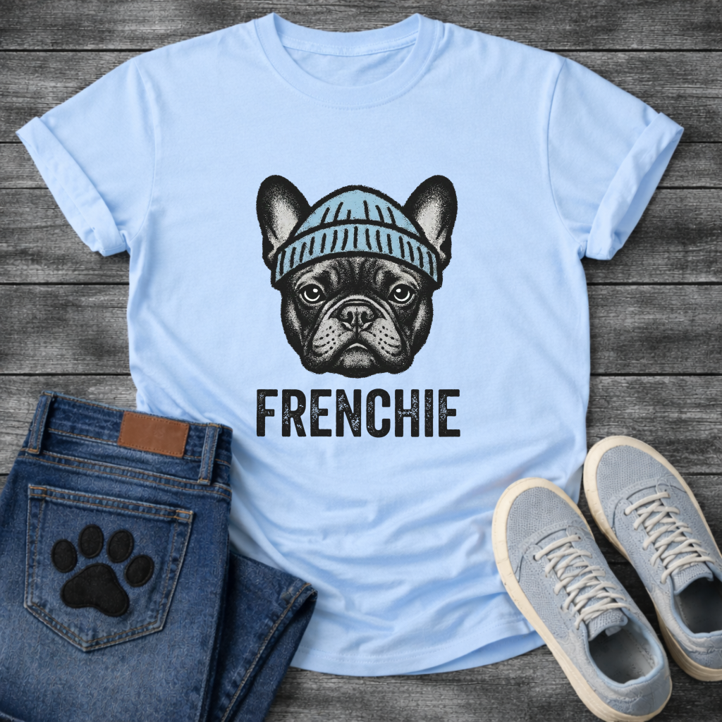French Bulldog portrait wearing a blue beanie with Frenchie bold typography full front graphic tee

