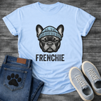 French Bulldog portrait wearing a blue beanie with Frenchie bold typography full front graphic tee

