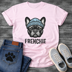 French Bulldog portrait wearing a blue beanie with Frenchie bold typography full front graphic tee

