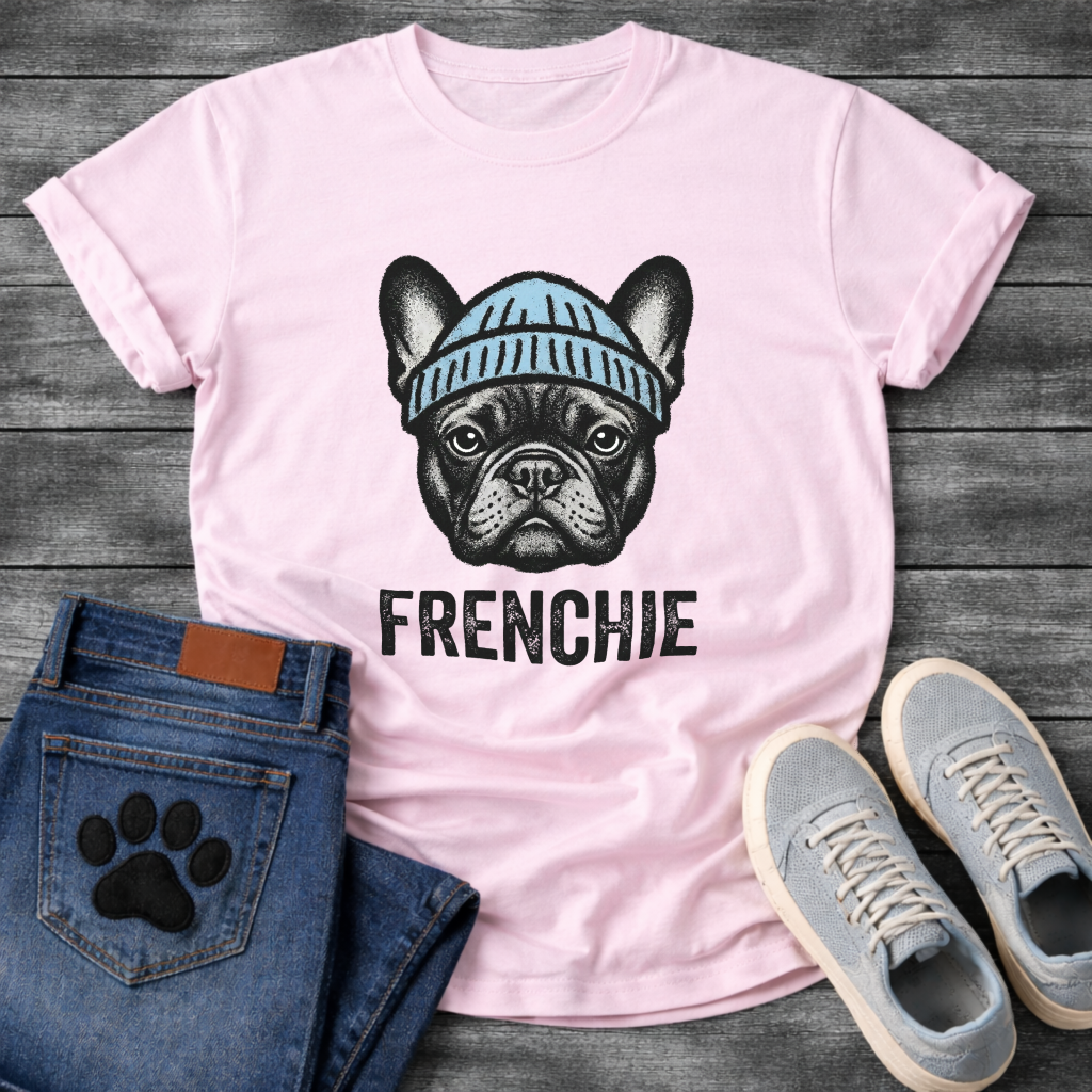 French Bulldog portrait wearing a blue beanie with Frenchie bold typography full front graphic tee

