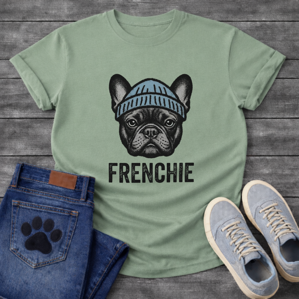 French Bulldog portrait wearing a blue beanie with Frenchie bold typography full front graphic tee

