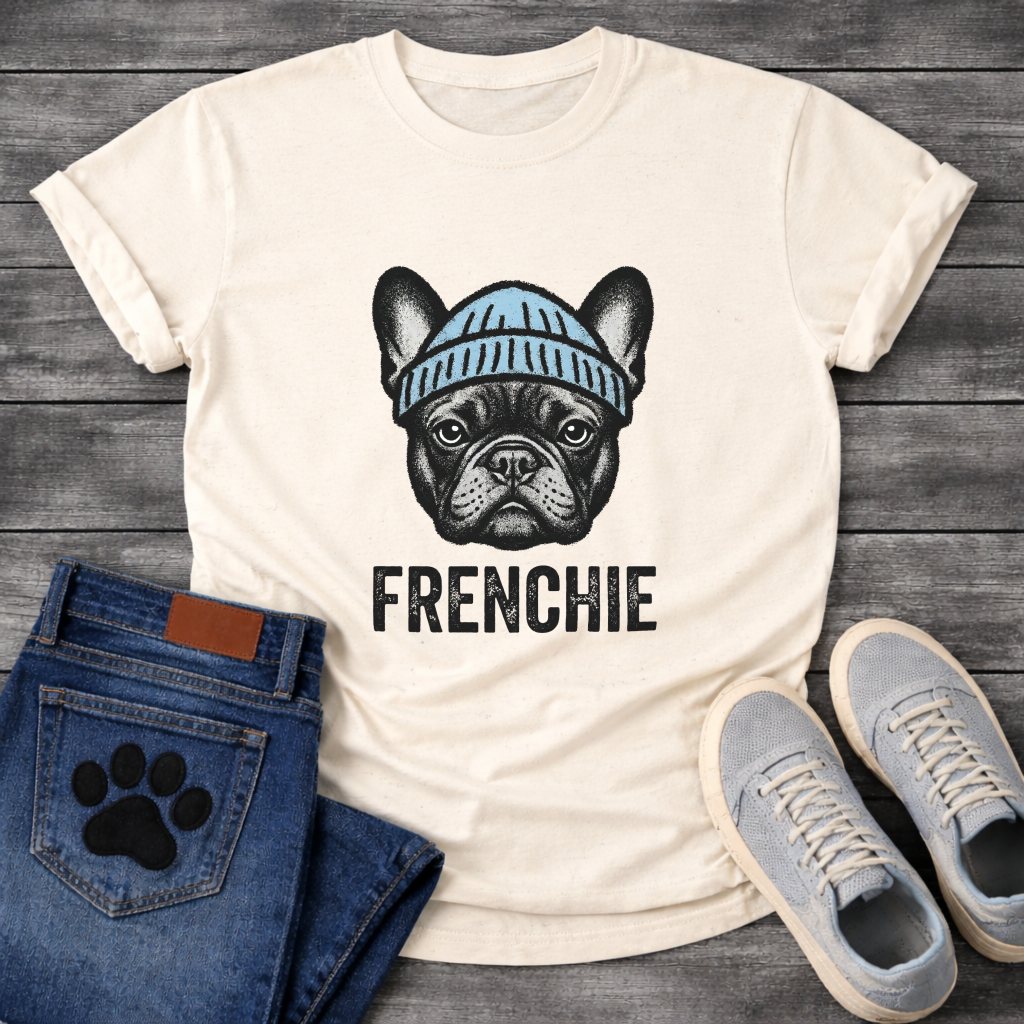 French Bulldog portrait wearing a blue beanie with Frenchie bold typography full front graphic tee

