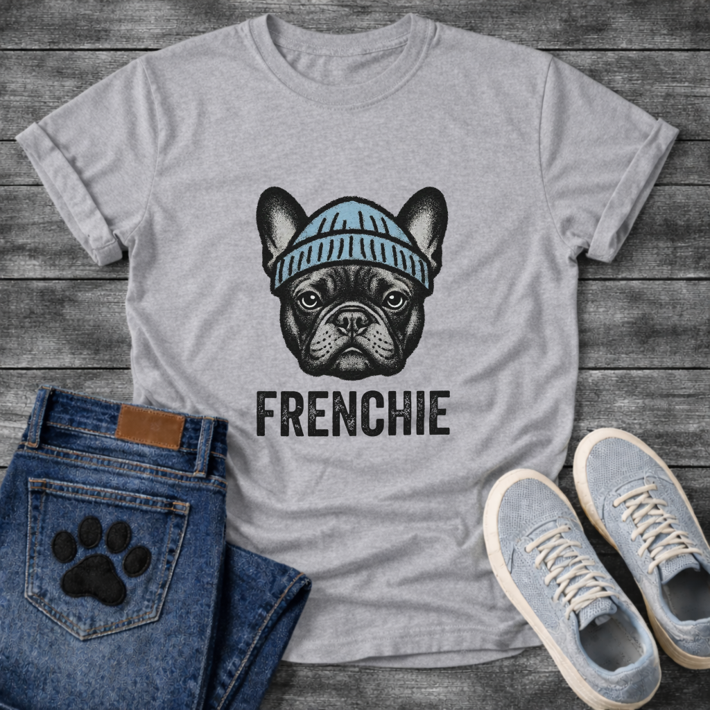 French Bulldog portrait wearing a blue beanie with Frenchie bold typography full front graphic tee

