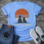 French Bulldog t-shirt with retro striped sunset scene, human and Frenchie silhouette sitting together facing the sun, birds in flight above, light text below reading Best Friends Best Memories, two-color vintage illustration graphic