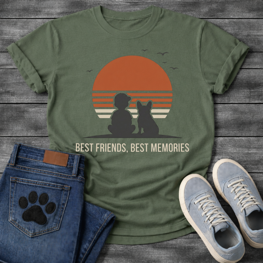 French Bulldog t-shirt with retro striped sunset scene, human and Frenchie silhouette sitting together facing the sun, birds in flight above, light text below reading Best Friends Best Memories, two-color vintage illustration graphic