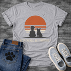 French Bulldog t-shirt with retro striped sunset scene, human and Frenchie silhouette sitting together facing the sun, birds in flight above, light text below reading Best Friends Best Memories, two-color vintage illustration graphic
