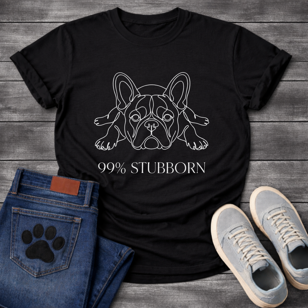French Bulldog stubborn flat lay continuous line art t-shirt - 
Frenchie chin down paws forward 99% Stubborn graphic tee