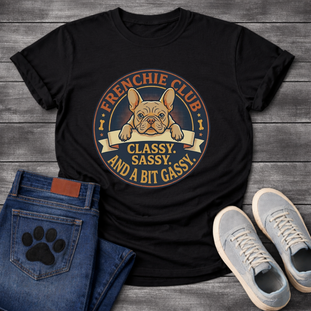 Frenchie Club Classy Sassy Bit Gassy full color fawn badge t-shirt funny French Bulldog shirt