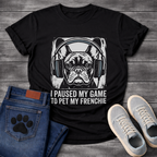 French Bulldog gaming headphones stamp print graphic tee, white ink linocut illustration