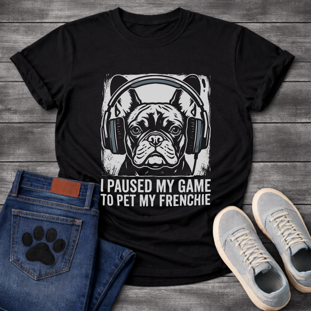 French Bulldog gaming headphones stamp print graphic tee, white ink linocut illustration