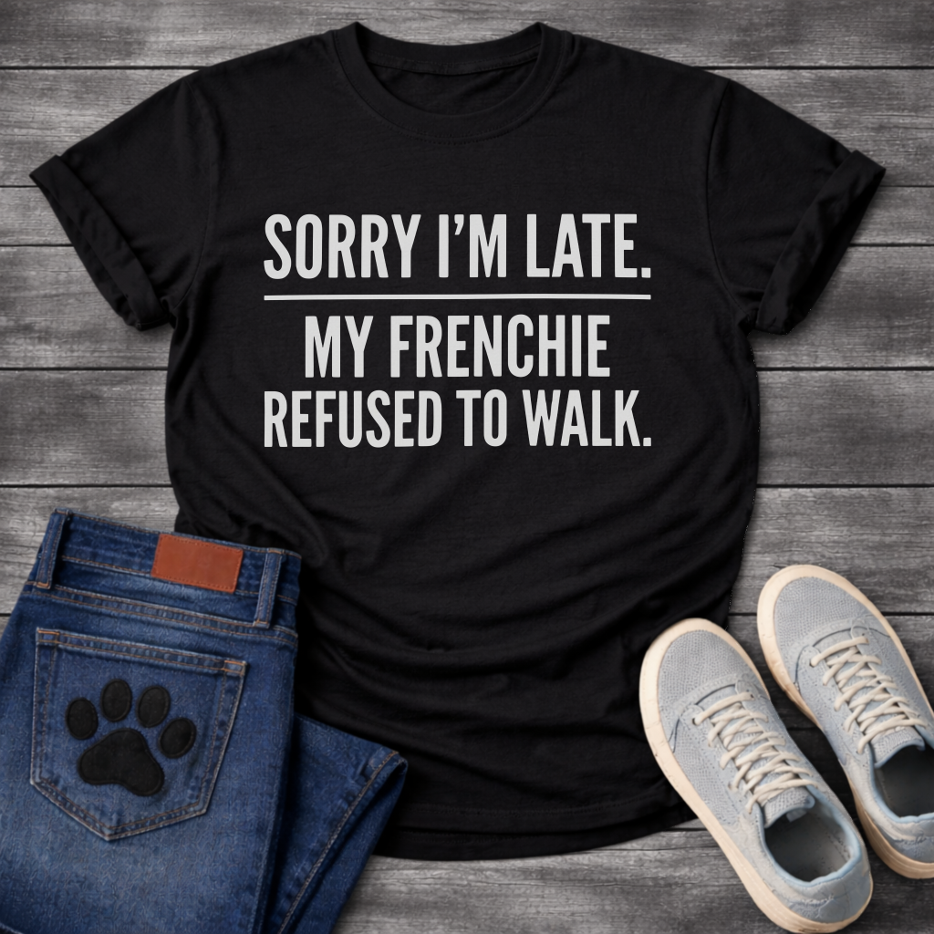 Sorry I'm Late My Frenchie Refused To Walk all caps typography t-shirt black funny dog shirt