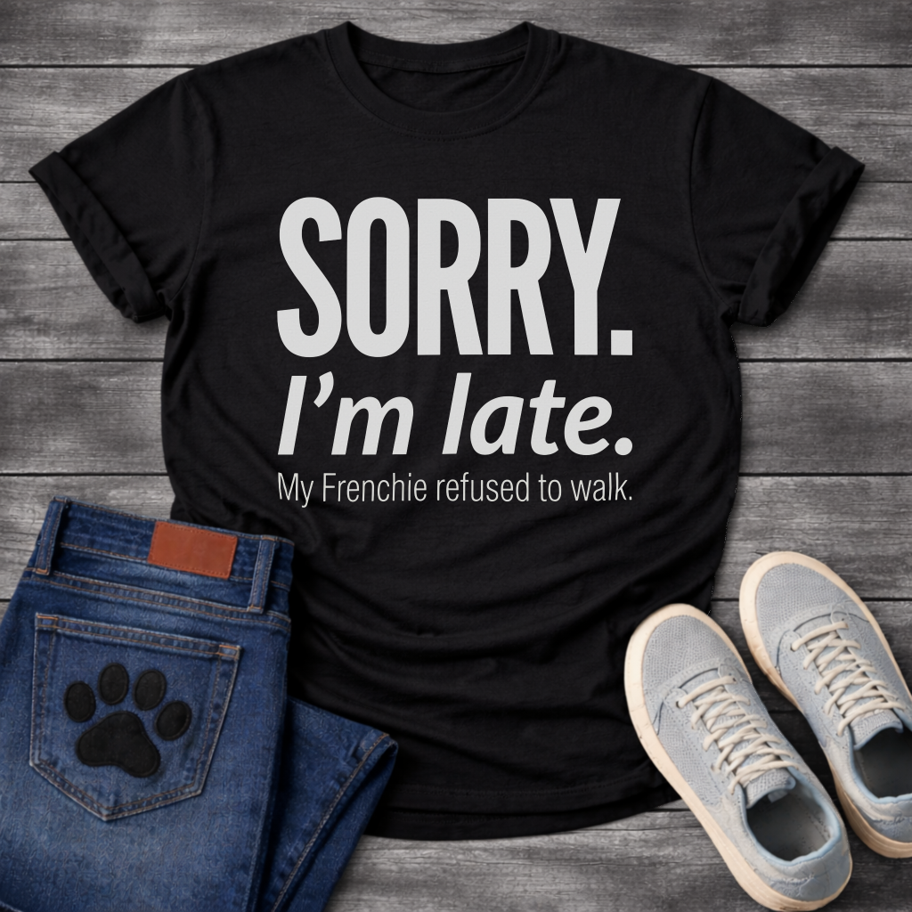Sorry I'm Late My Frenchie Refused to Walk bold typography t-shirt funny dog shirt