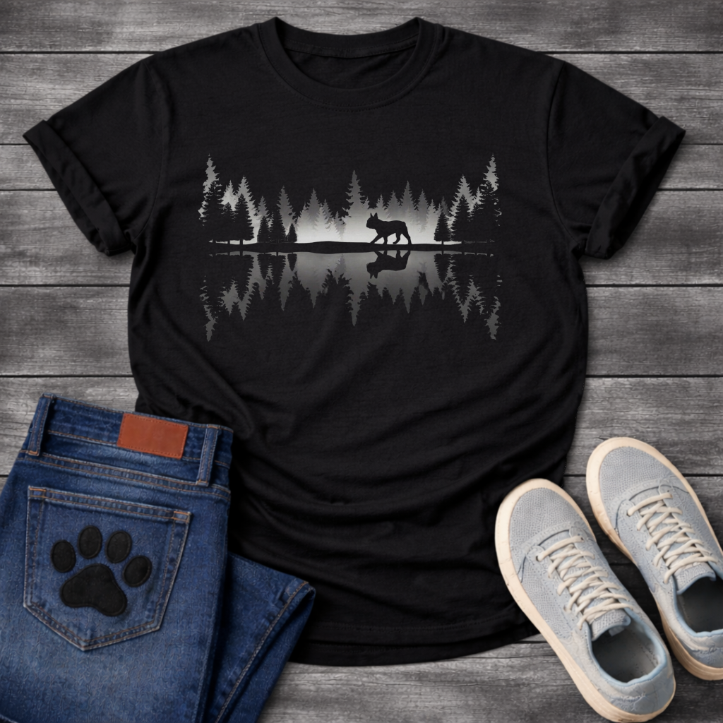 French Bulldog forest lake reflection silhouette graphic dog shirt black tee