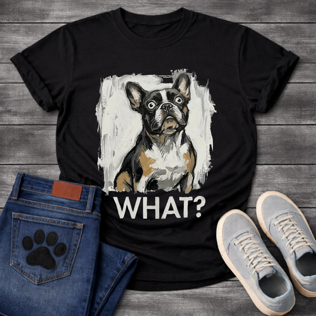 French Bulldog painterly graphic tee with bold WHAT text