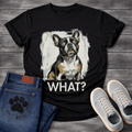French Bulldog painterly graphic tee with bold WHAT text