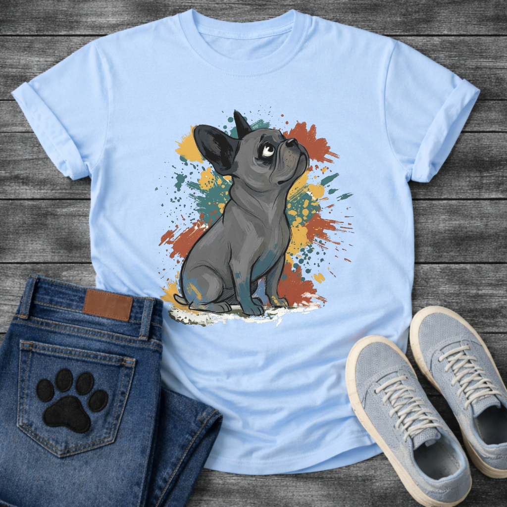 Blue French Bulldog illustration with colorful paint splash background graphic tee
