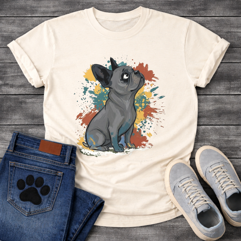 Blue French Bulldog illustration with colorful paint splash background graphic tee
