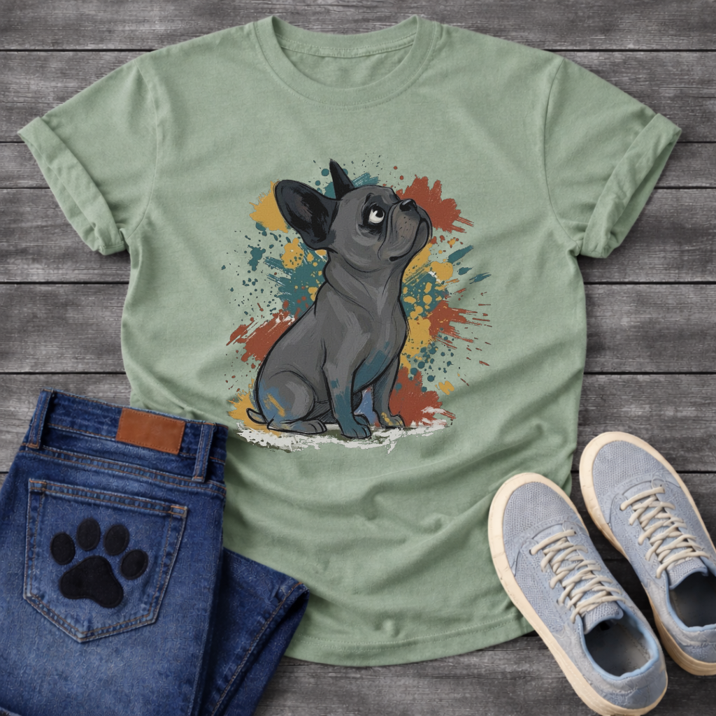 Blue French Bulldog illustration with colorful paint splash background graphic tee
