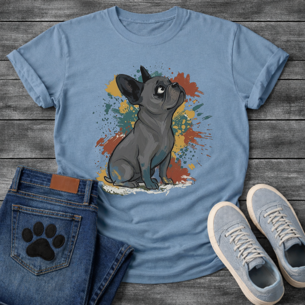 Blue French Bulldog illustration with colorful paint splash background graphic tee
