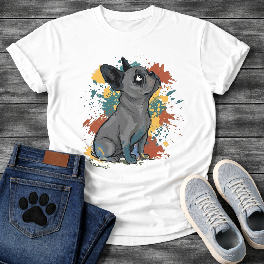 Blue French Bulldog illustration with colorful paint splash background graphic tee
