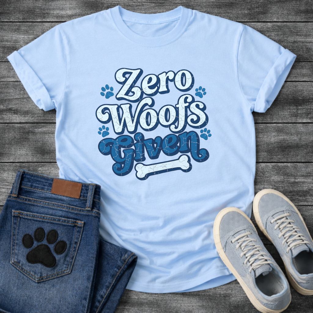 Zero woofs given playful blue lettering dog shirt with paw prints and bone
