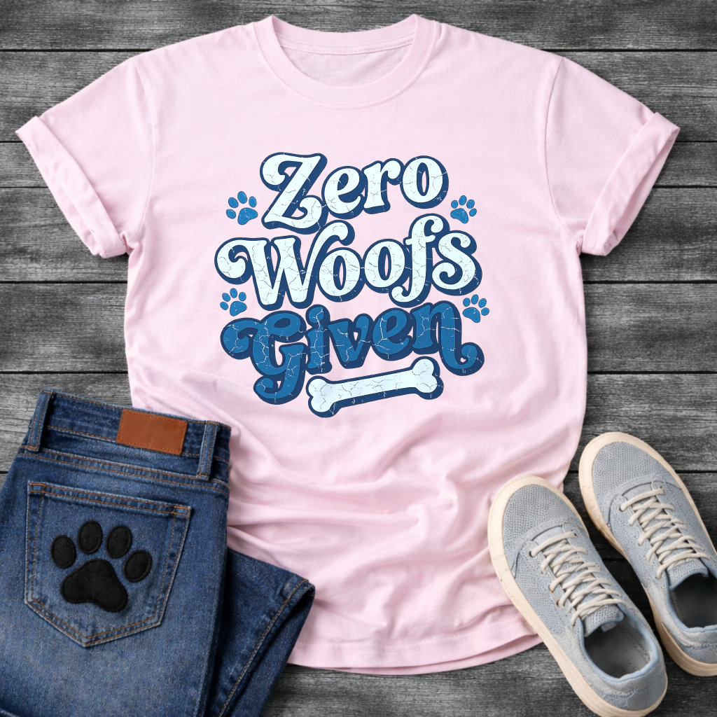 Zero woofs given playful blue lettering dog shirt with paw prints and bone
