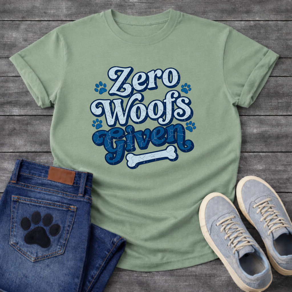 Zero woofs given playful blue lettering dog shirt with paw prints and bone
