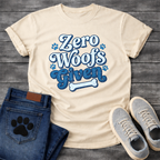 Zero woofs given playful blue lettering dog shirt with paw prints and bone
