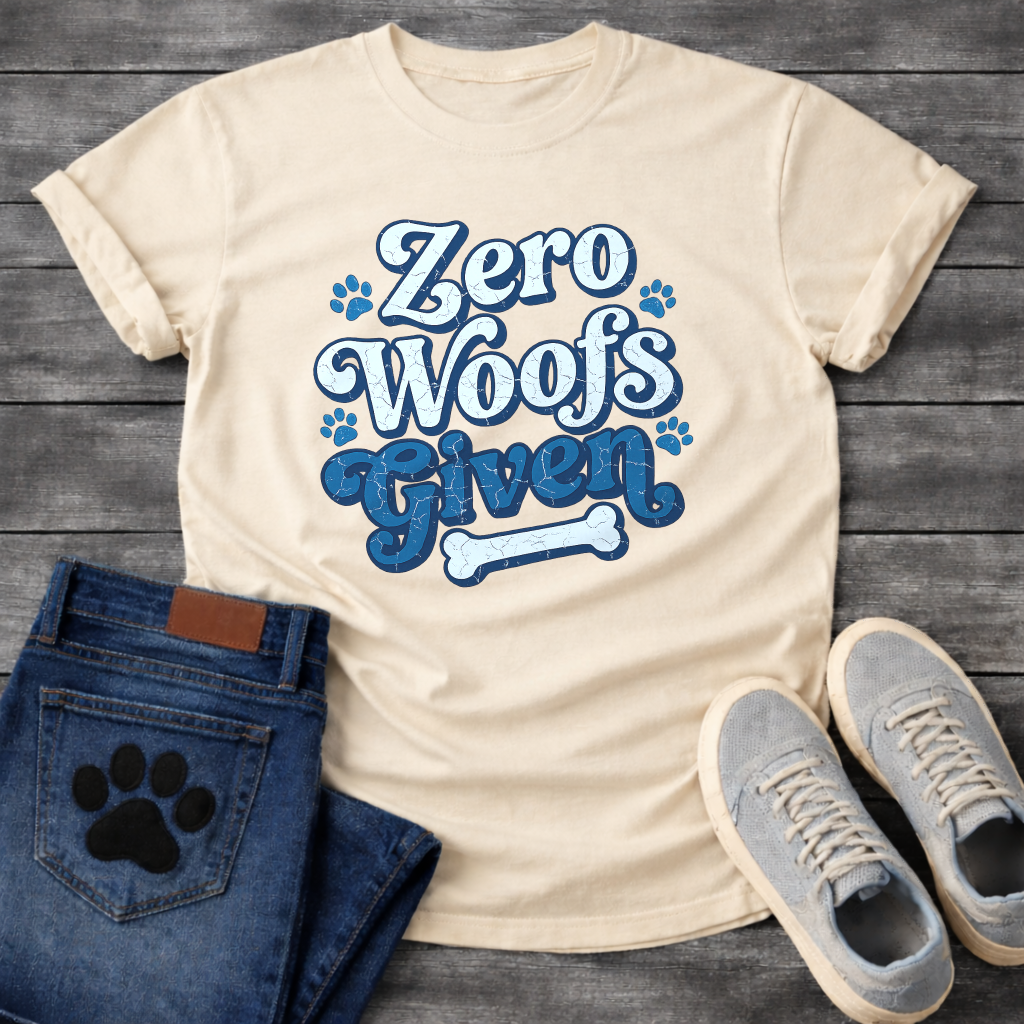 Zero woofs given playful blue lettering dog shirt with paw prints and bone
