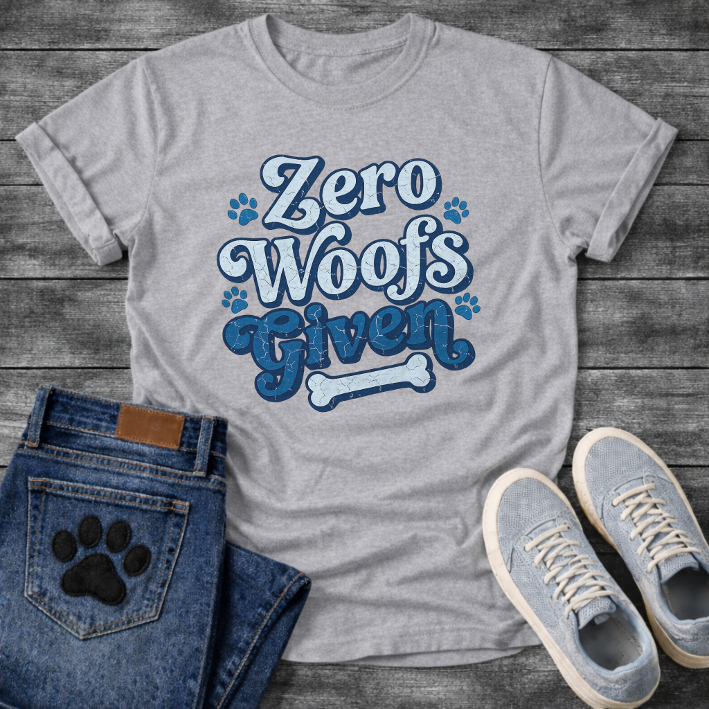 Zero woofs given playful blue lettering dog shirt with paw prints and bone
