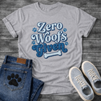 Zero woofs given playful blue lettering dog shirt with paw prints and bone
