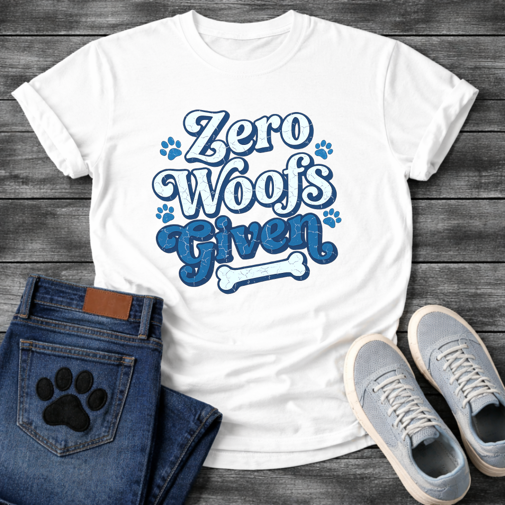 Zero woofs given playful blue lettering dog shirt with paw prints and bone
